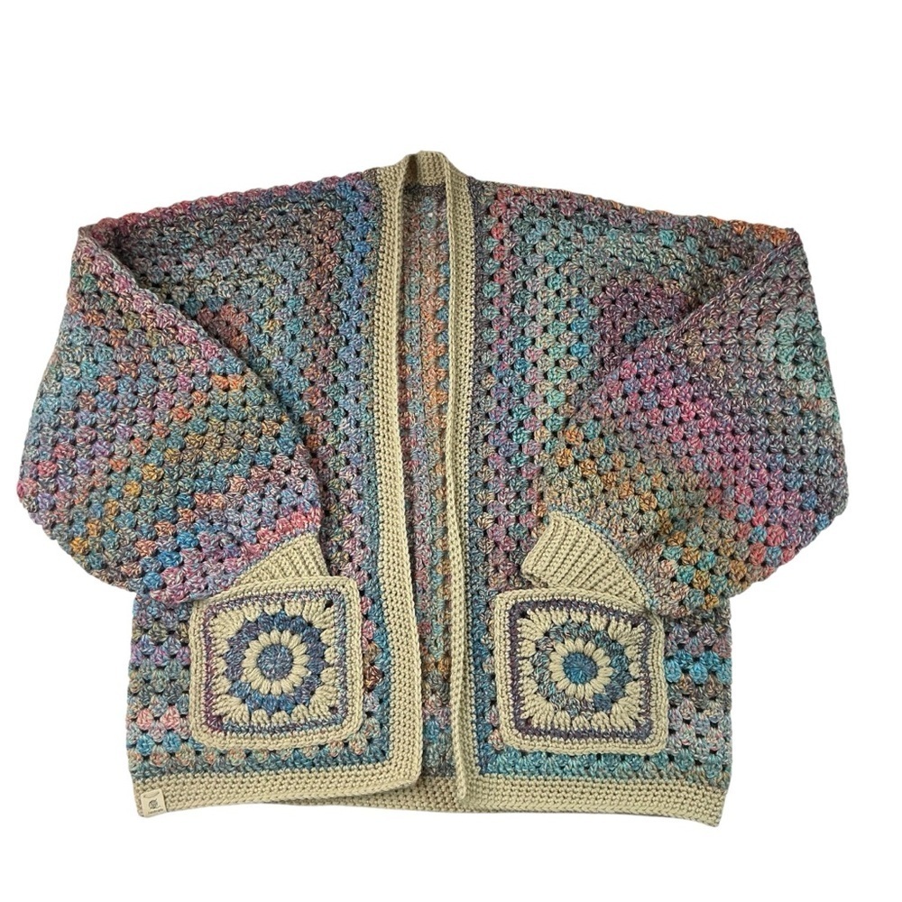 Handcrafted Crochet Hexagon Cardigan Sweater Open Front Wide Sleeve 2 Pockets - Picture 14 of 16